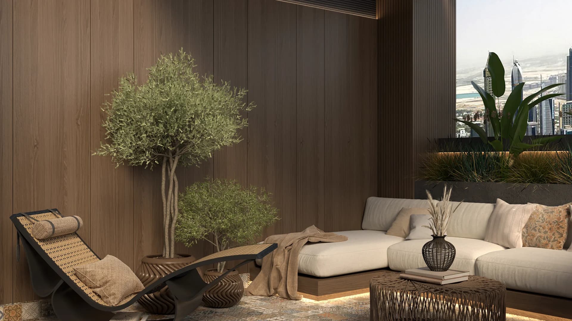 Rooftop lounge with rattan chaise, linen sectional, and potted olive trees