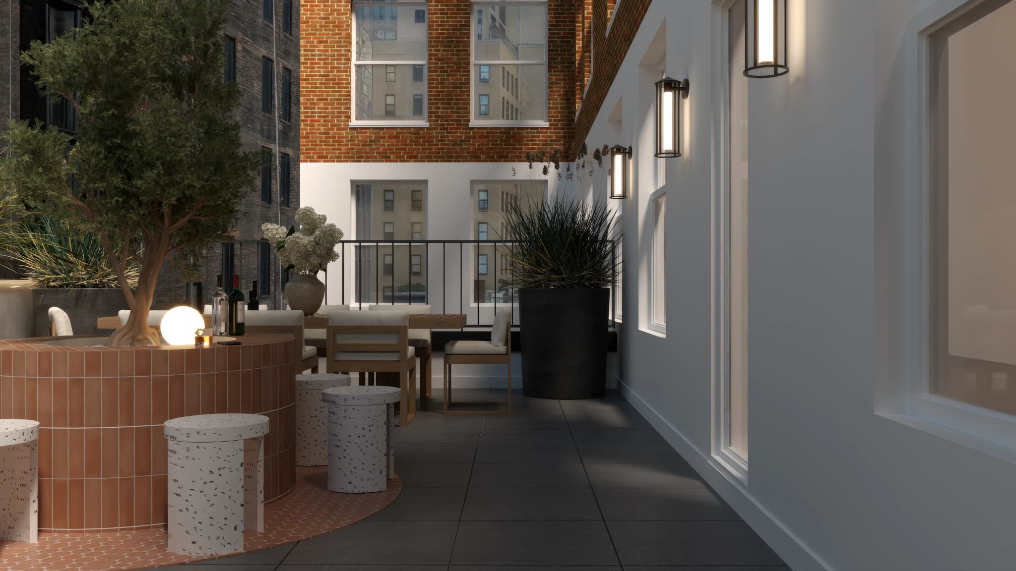 Narrow rooftop terrace with wall sconces and dining setup