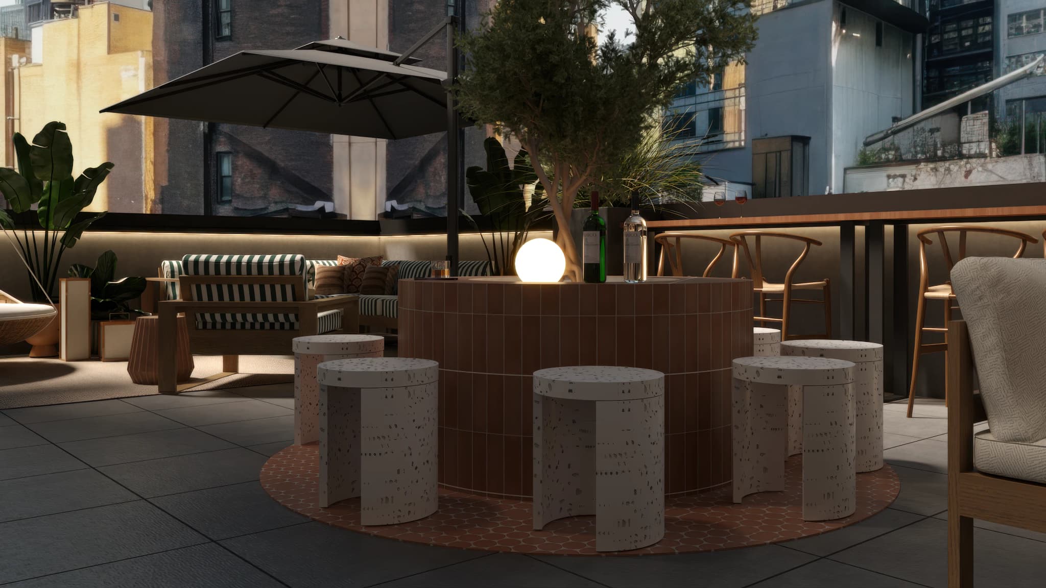 Full rooftop layout showing bar area with terracotta counter, lounge seating with umbrella, and city skyline views. Design by Debora, an online interior design service.