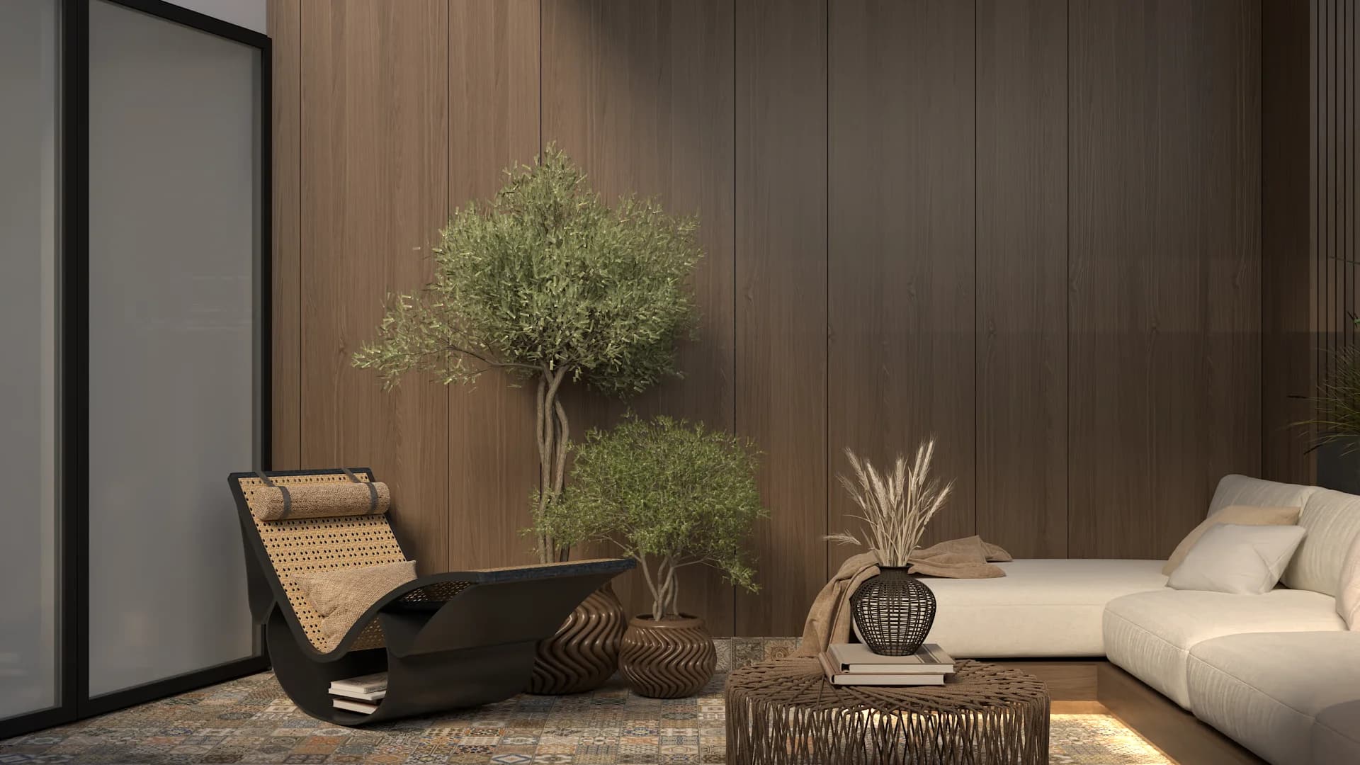 Woven lounge chair with olive trees and rattan vases against wood panel wall