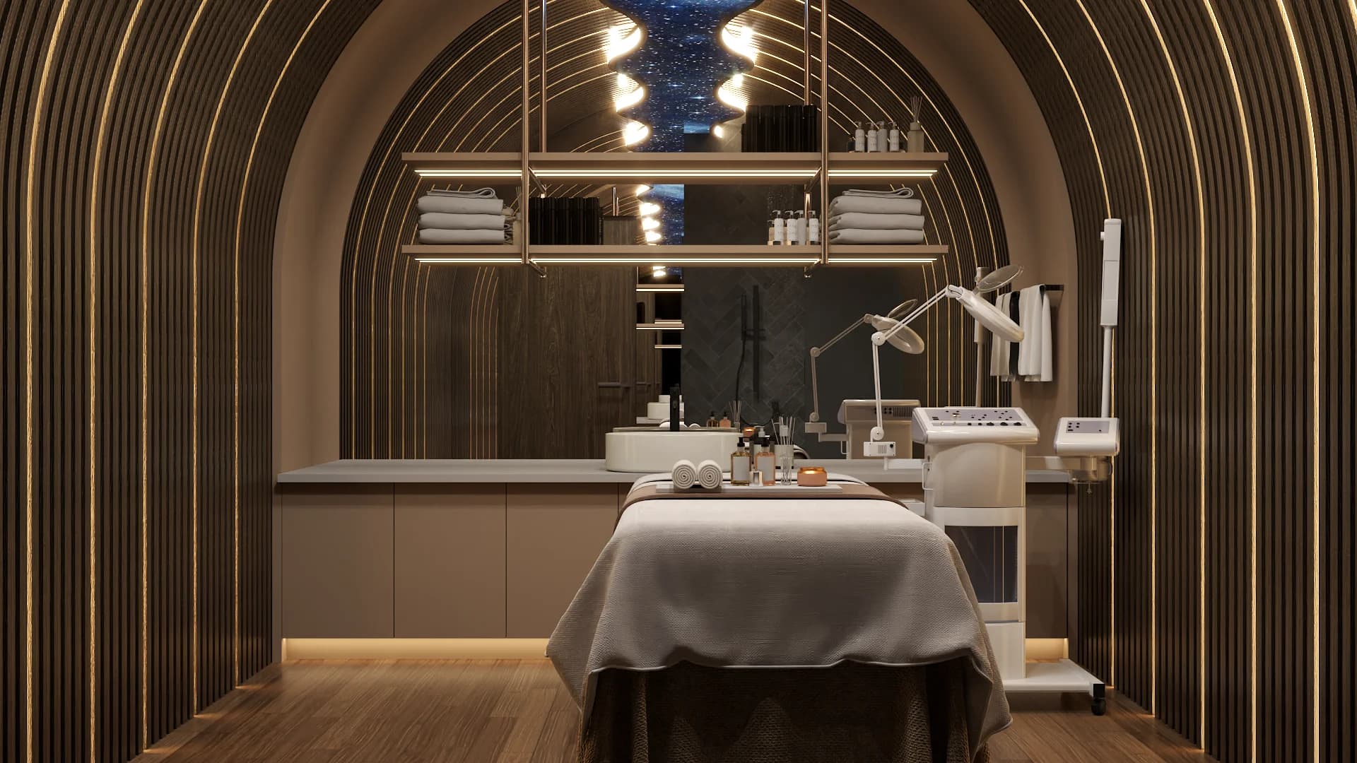 Spa treatment bed inside arched wood slat tunnel with esthetician equipment and product shelves