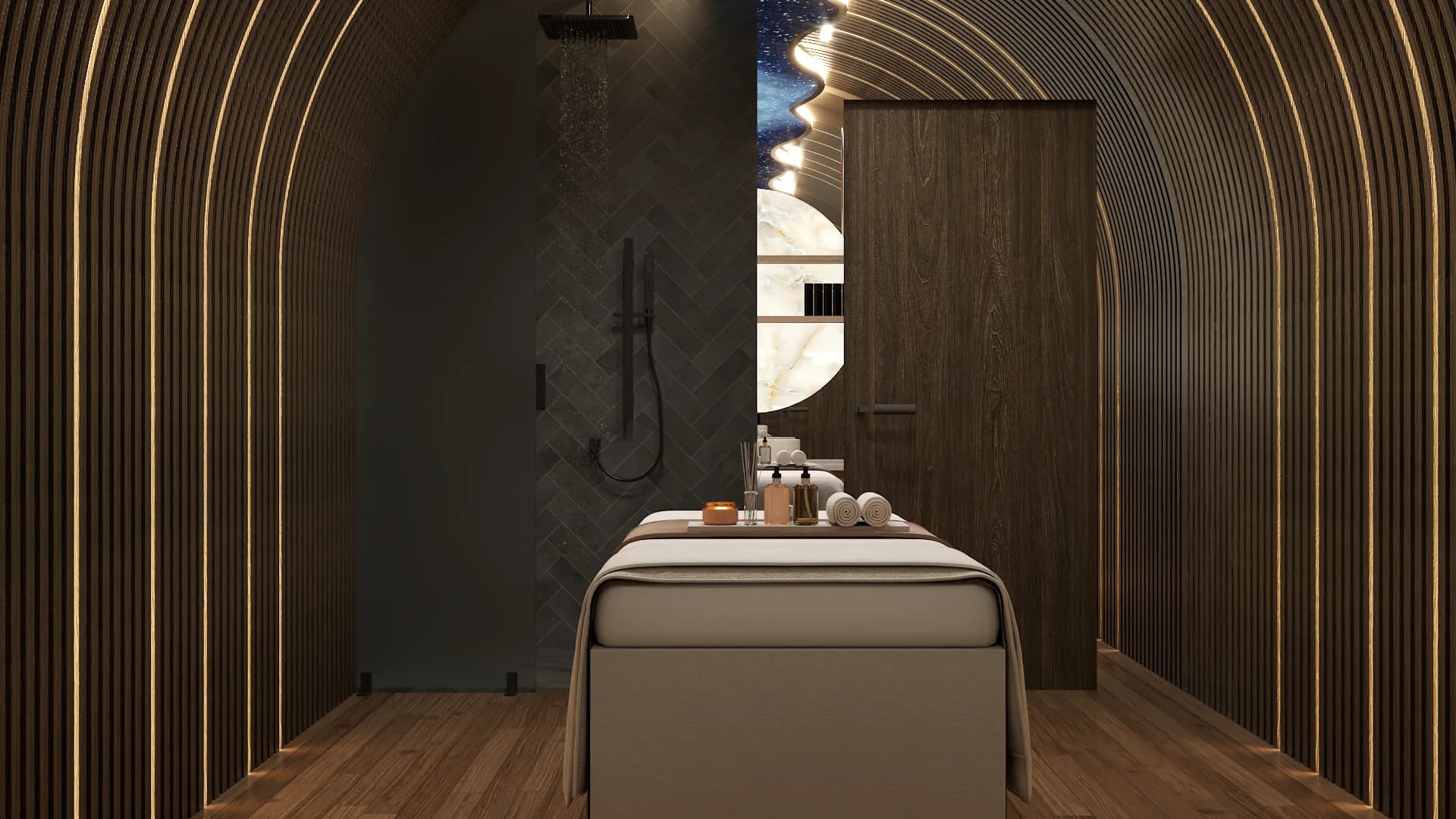 Arched walnut slat tunnel treatment room with gold LED strips and massage bed