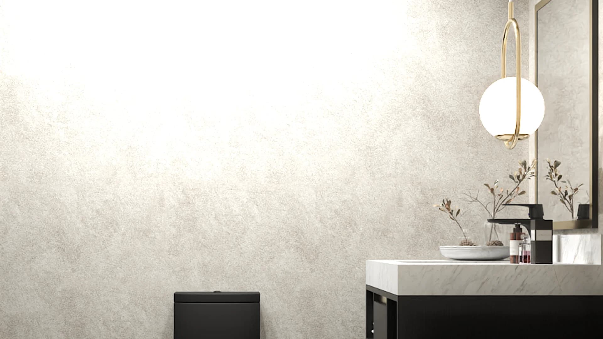 Spa bathroom with black floating vanity, white marble countertop, gold pendant light, and textured stone walls
