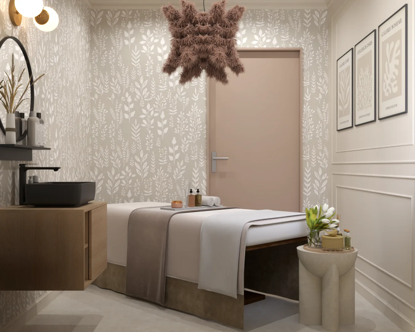 Spa treatment room with botanical wallpaper, blush door, starburst pampas pendant, oak vanity, and white massage table