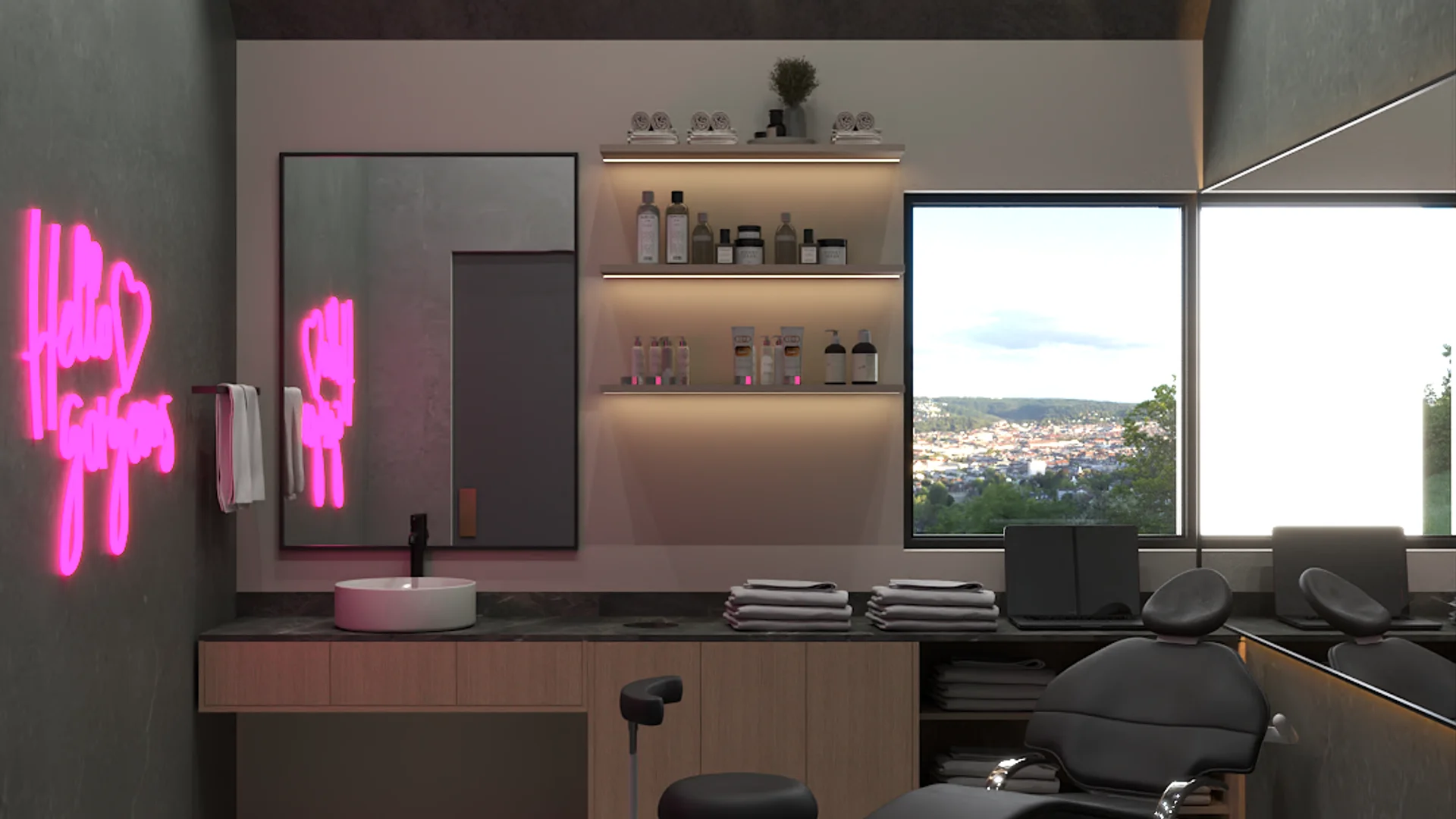 Dark charcoal spa treatment room with pink neon sign, pink vessel sink, lit product shelving, and city window view