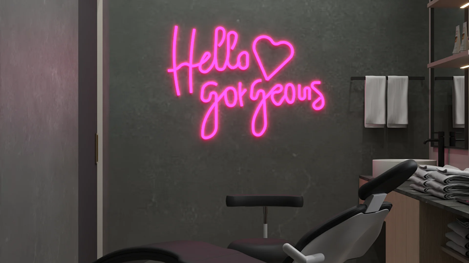 Dark charcoal spa room featuring large pink neon sign wall detail, reclined treatment chair, and open towel shelving