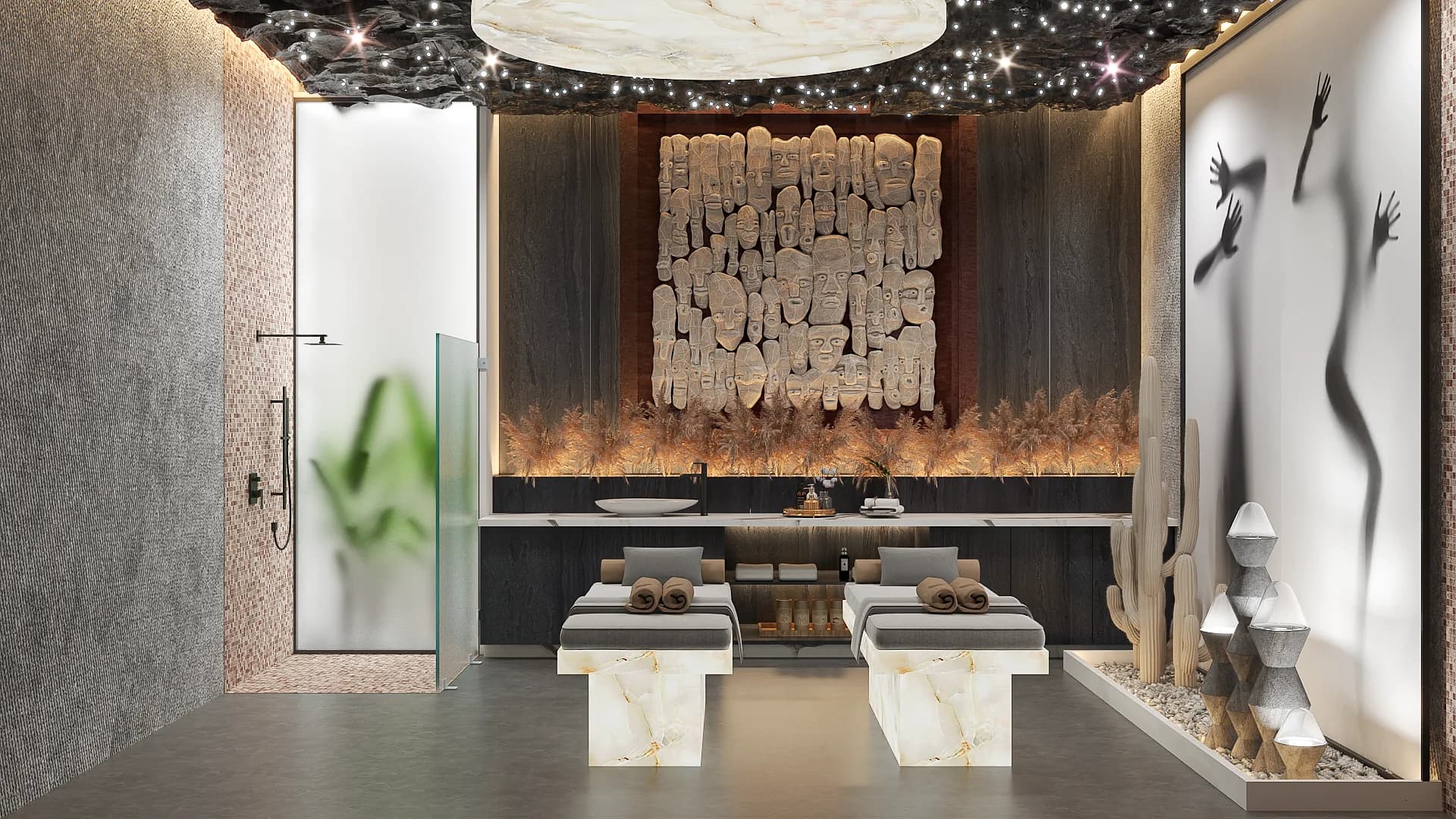 Dual spa treatment room with marble-base massage beds, driftwood wall relief, starlit fiber optic ceiling, and mosaic tile walls