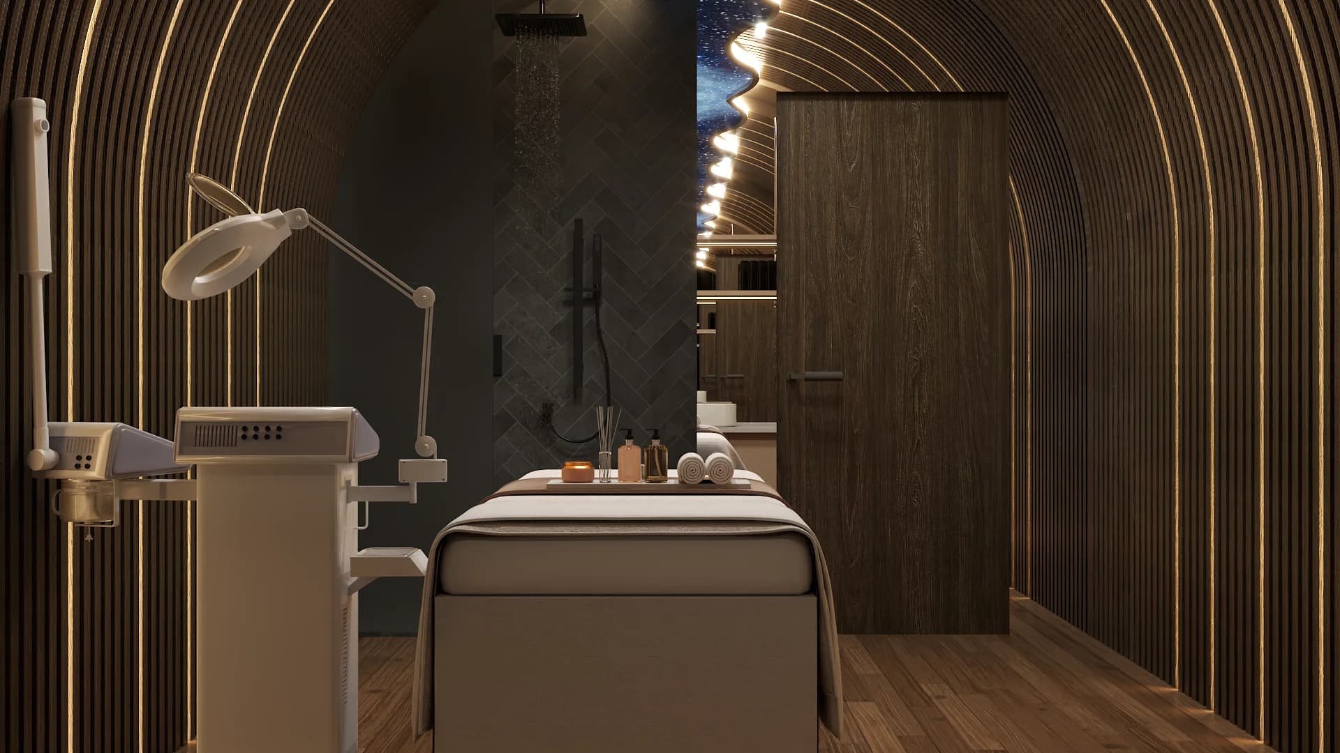 Spa treatment room with gold LED arched wood slat tunnel, treatment bed and esthetician cart