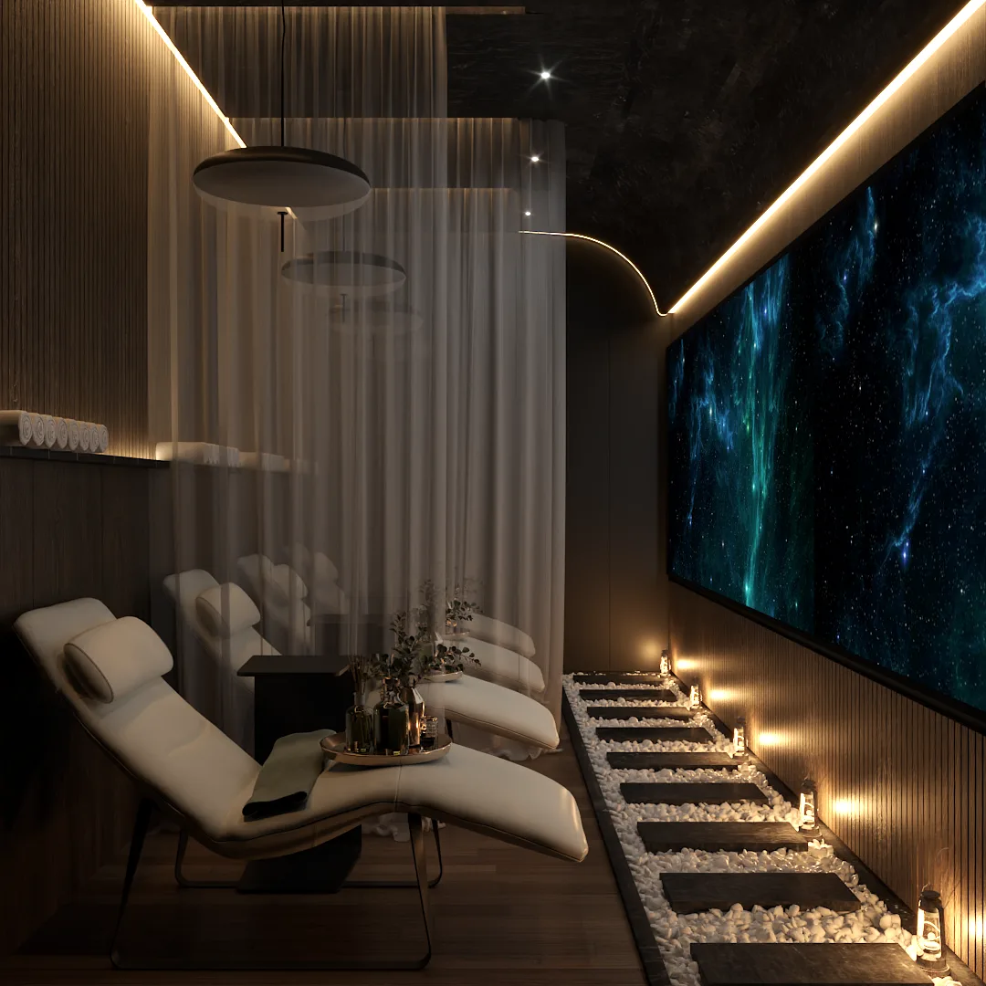 Two white chaises beside a pebble pathway, full-wall galaxy nebula screen glowing teal, disc pendant