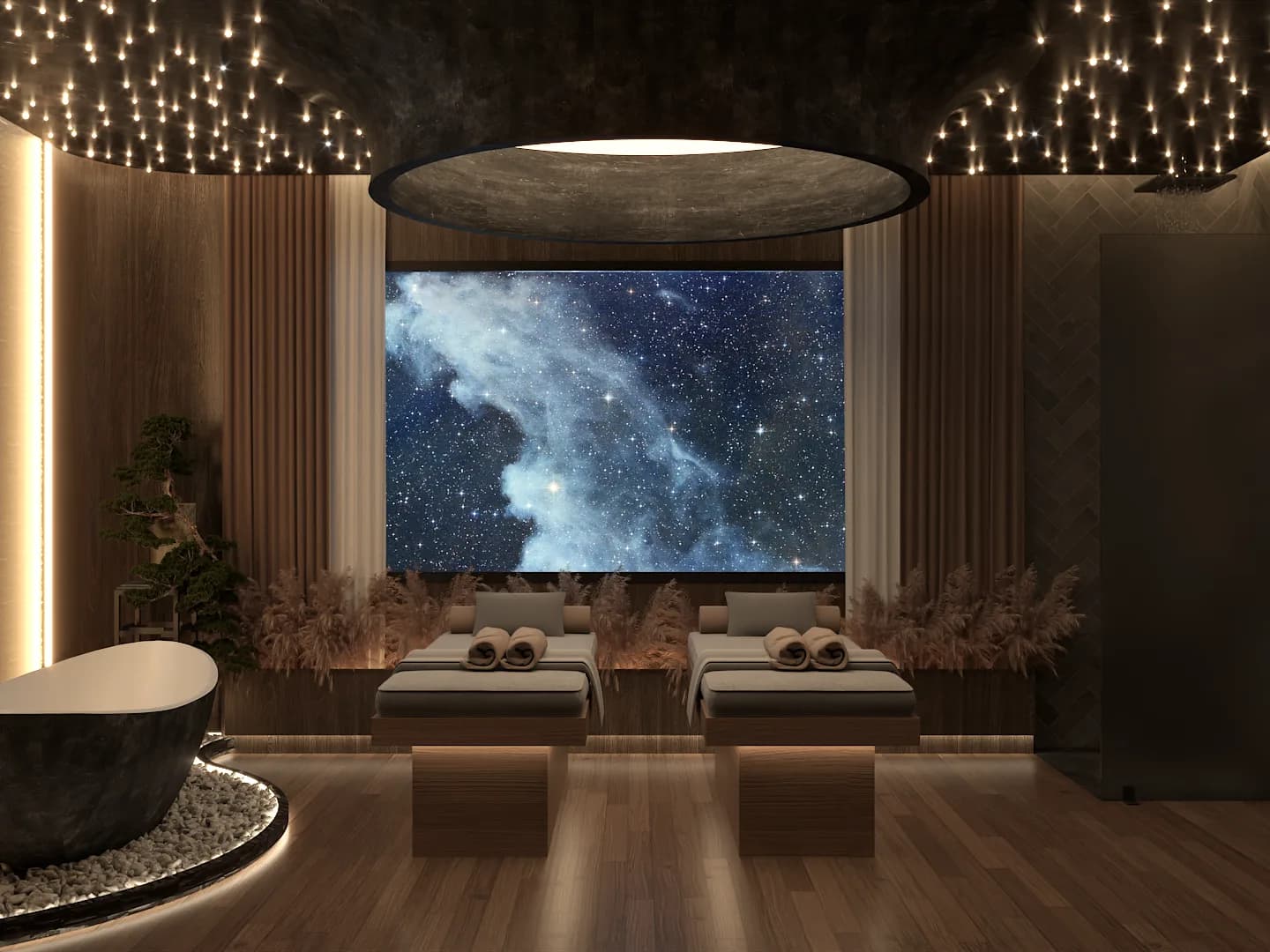 Spa chamber with treatment beds facing a galaxy nebula screen, sheer curtains, starfield ceiling above