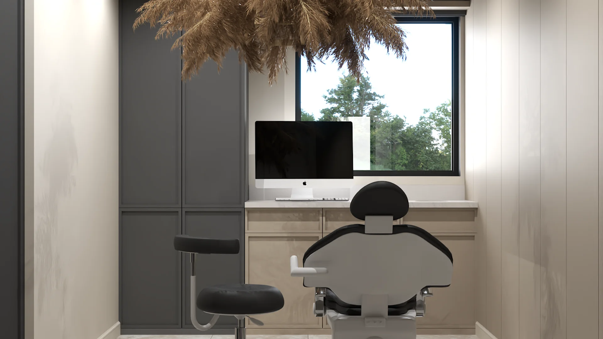 Spa treatment room with gray shaker cabinets, pampas pendant, black reclining chair, and garden window view