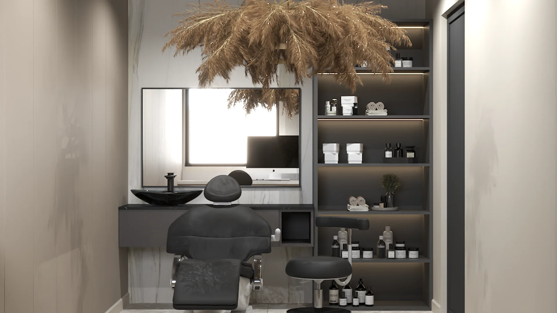 Spa treatment room with pampas pendant, backlit product shelving, marble vanity station, and gray treatment chair