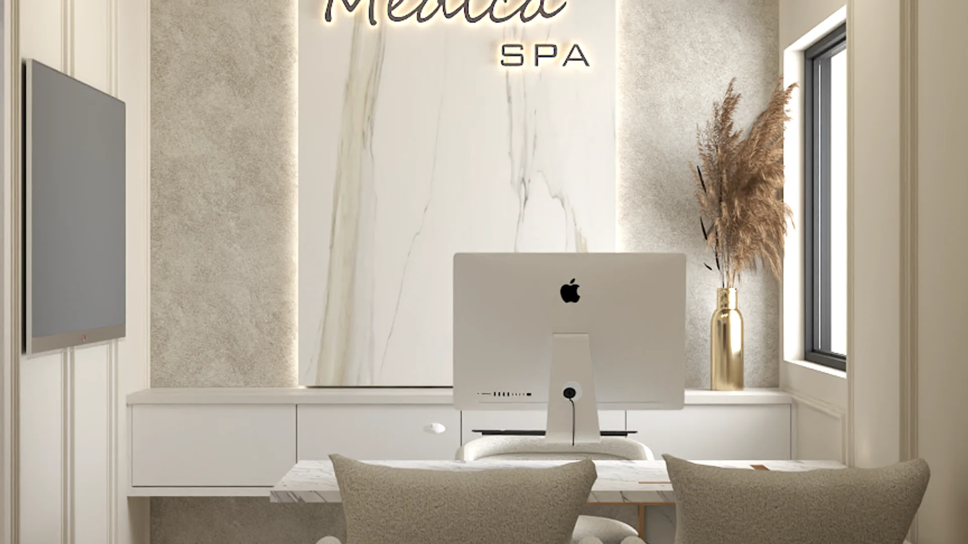 Consultation office with backlit white marble accent wall, iMac workstation, cream boucle chairs, and pampas vase