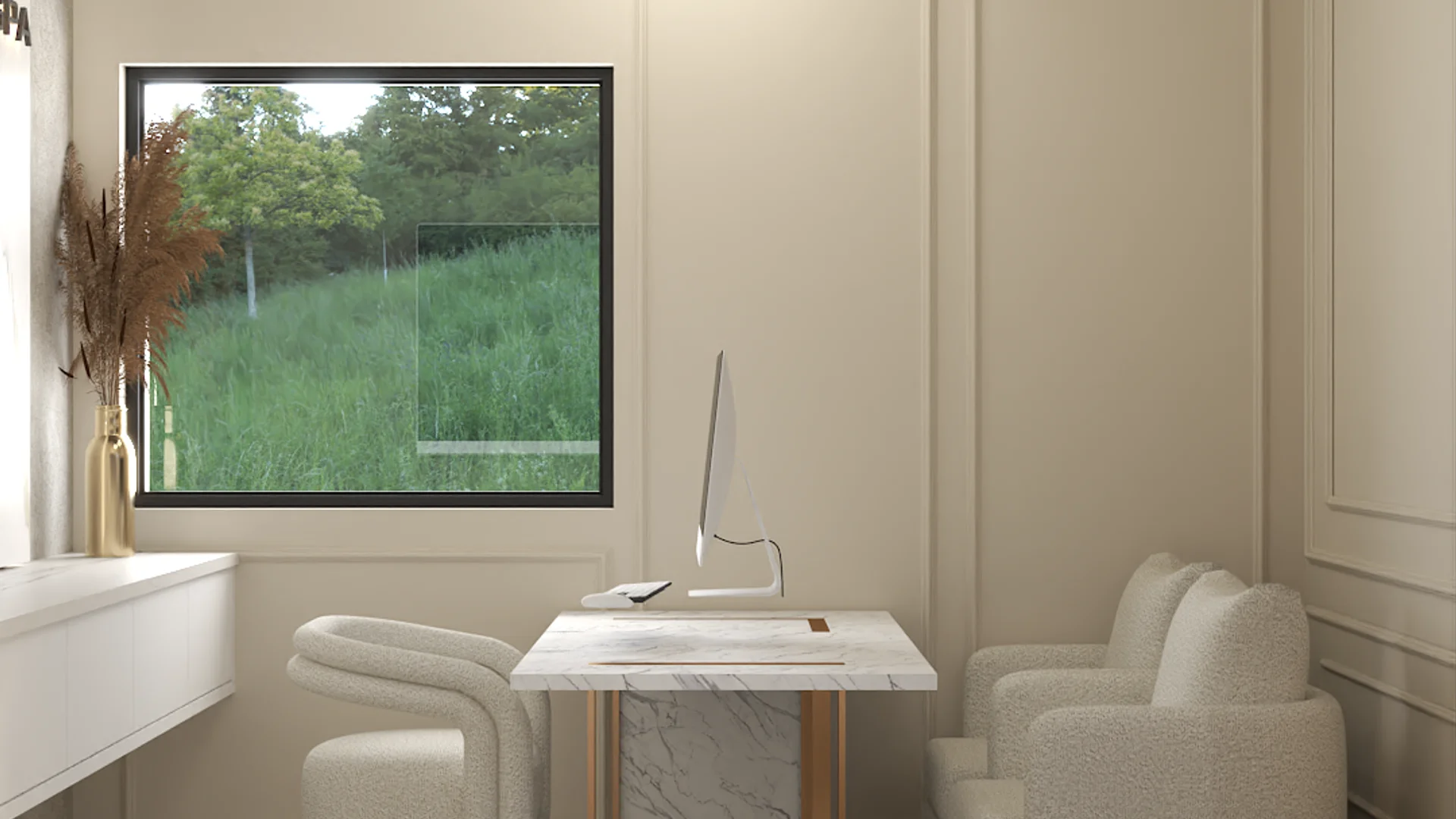 Consultation office with white marble pedestal desk, cream boucle swivel chairs, iMac, and garden window view