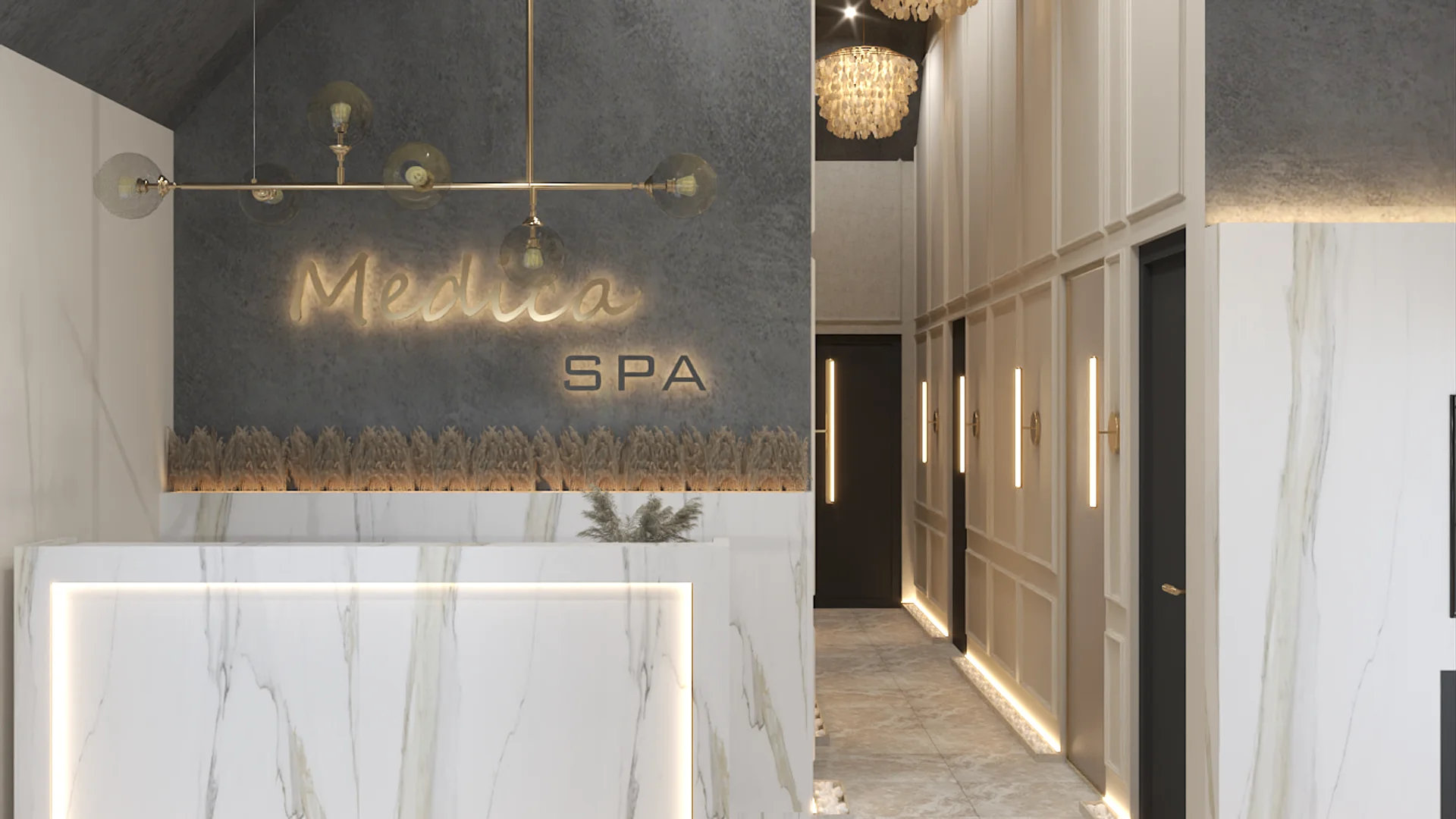 White marble backlit reception desk in a spa corridor with tall cream paneled walls and brass pendant lighting