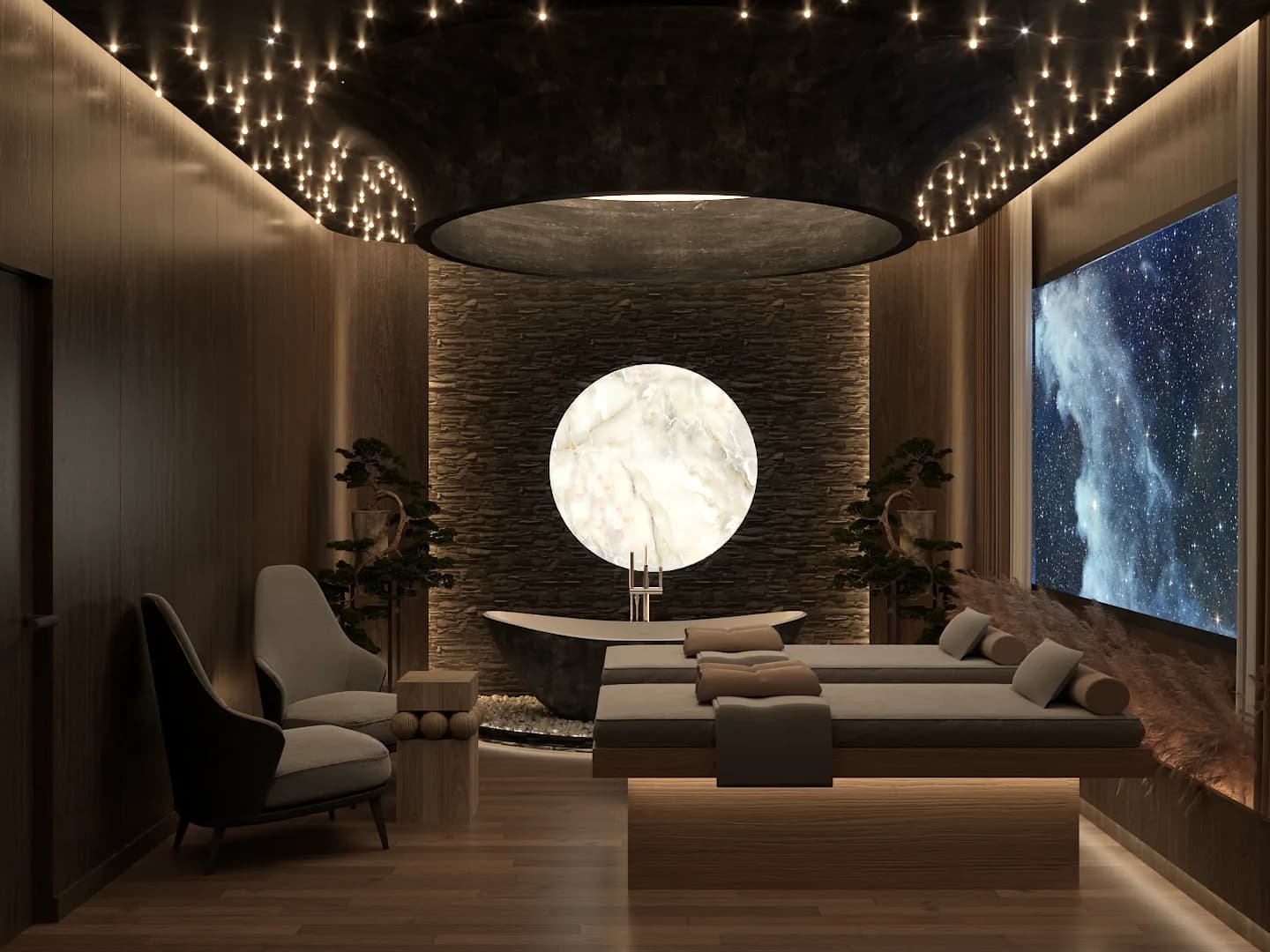Full treatment chamber with black bathtub, glowing onyx moon disc, starfield ceiling, galaxy screen