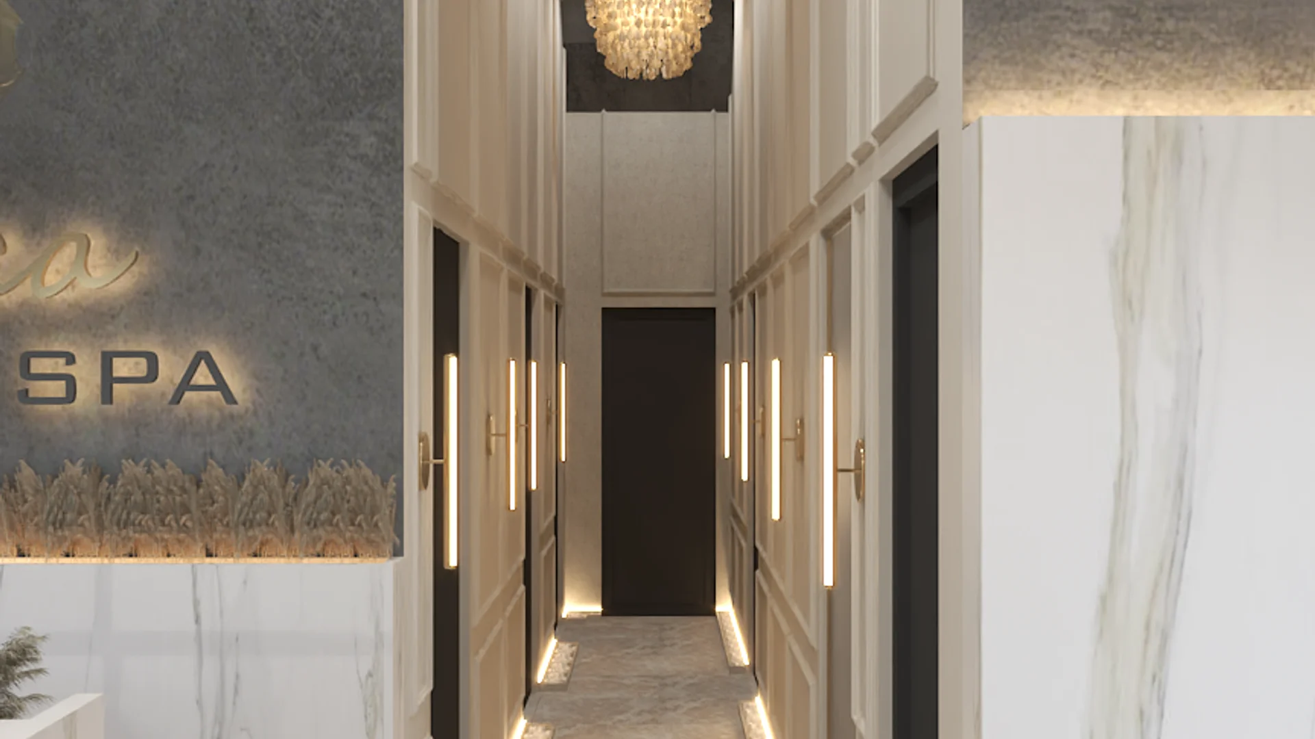 Spa corridor with white paneled walls, vertical gold sconce lighting, shell chandelier, and marble floor accents