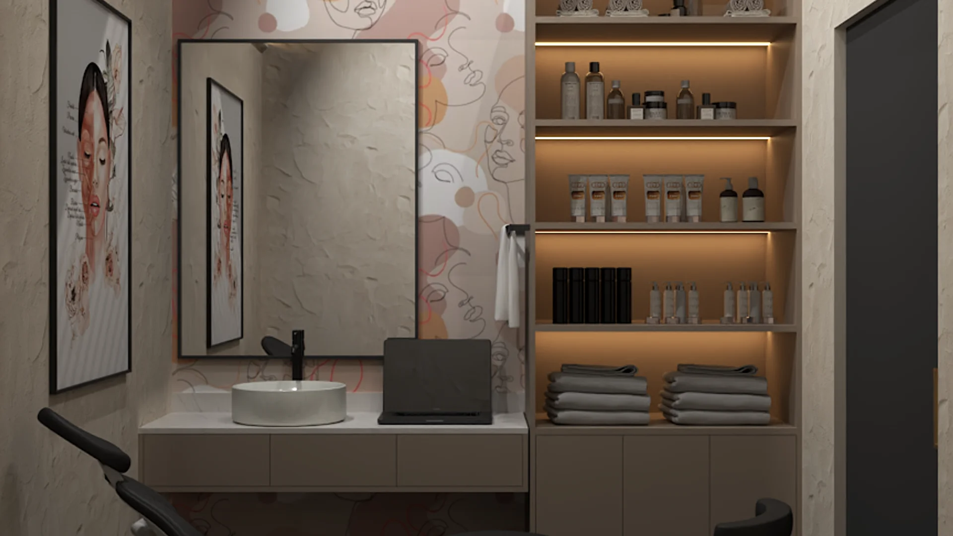 Treatment room with pink abstract face wallpaper, LED-lit oak shelving, and white vessel sink vanity