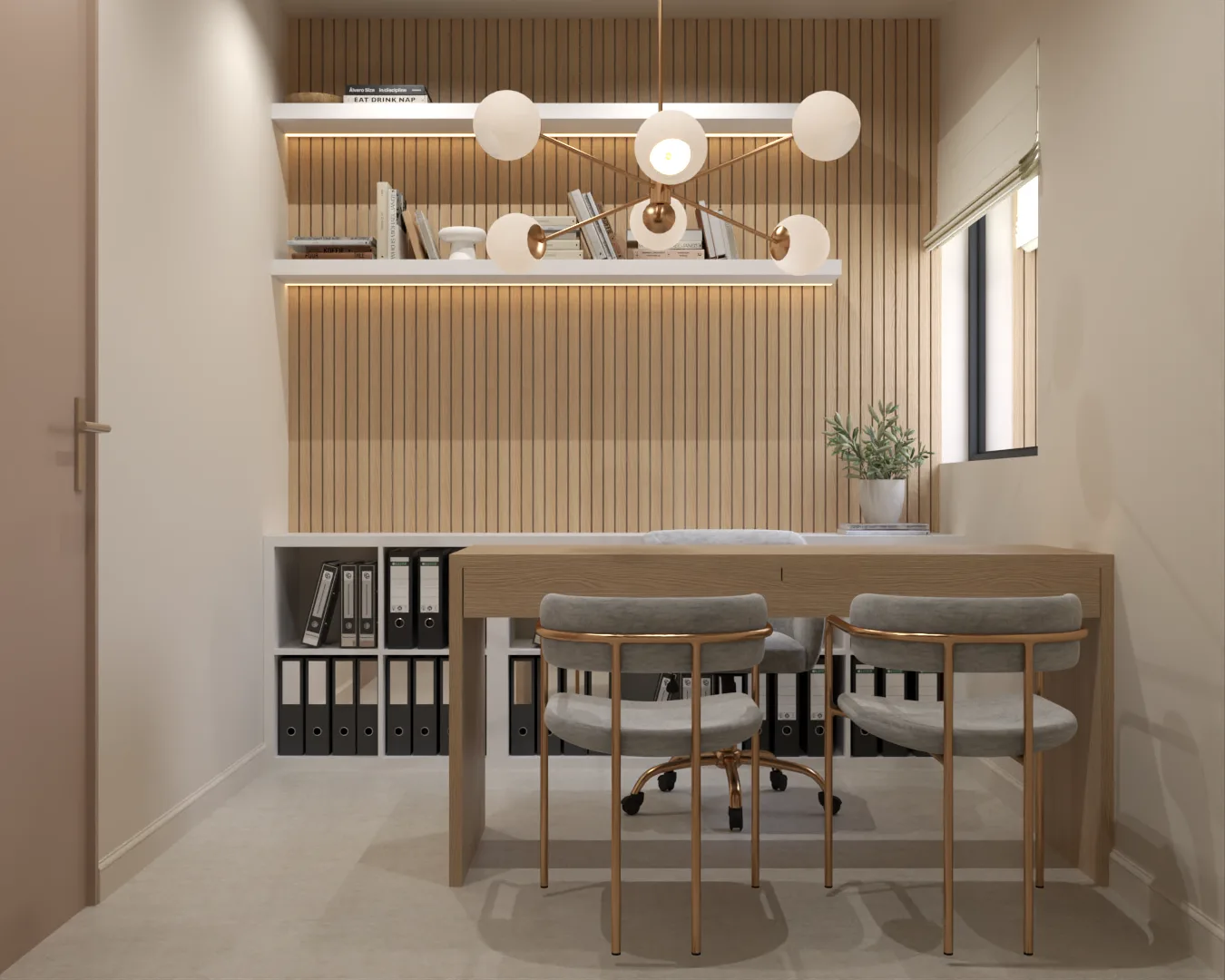 Admin office with oak slat accent wall, floating shelves, and sputnik chandelier