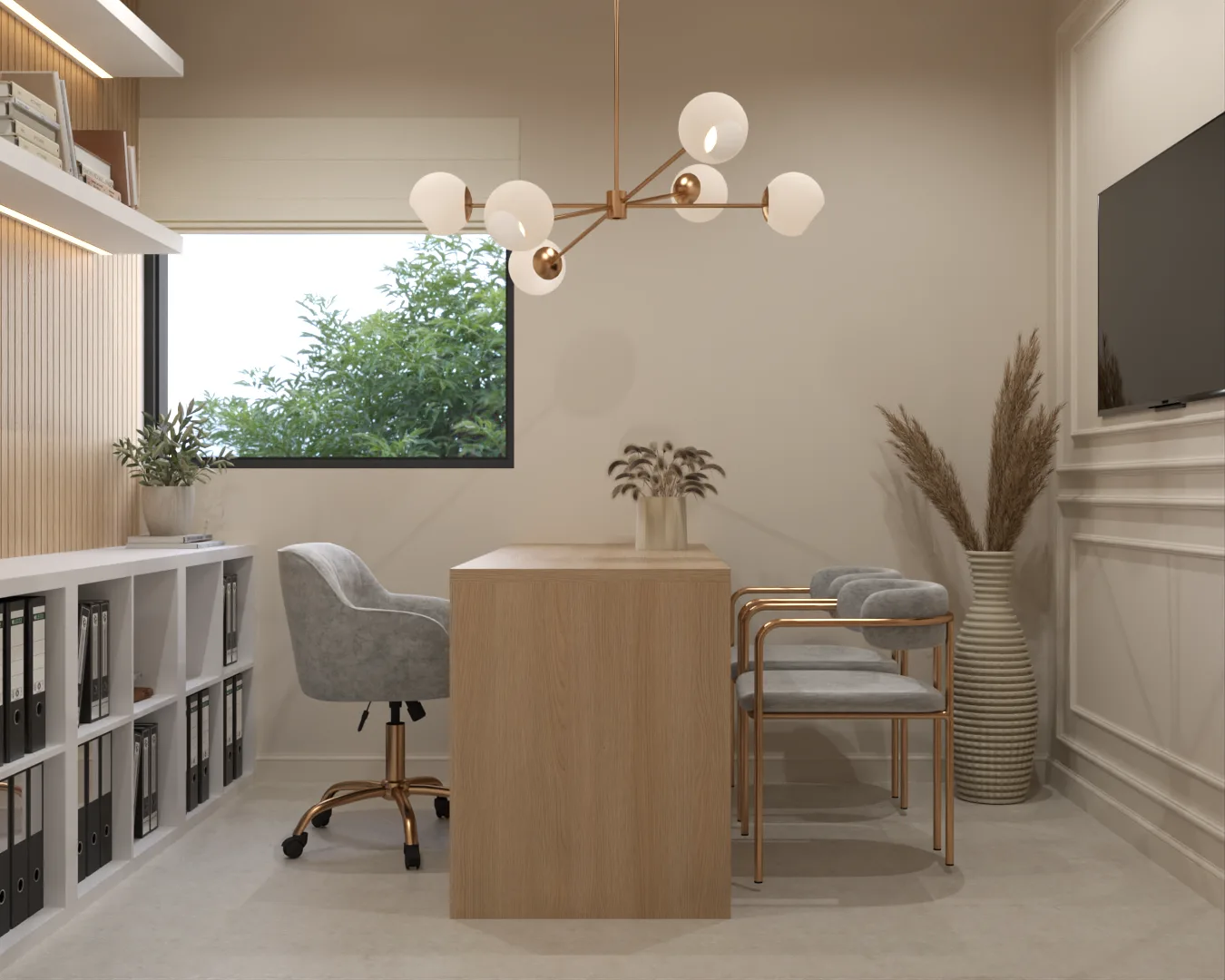 Office with sputnik chandelier, file binder shelves, and gray upholstered chairs