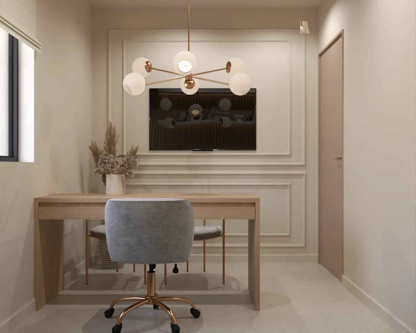 Private office with wainscot paneling, oak desk, TV, and sputnik chandelier