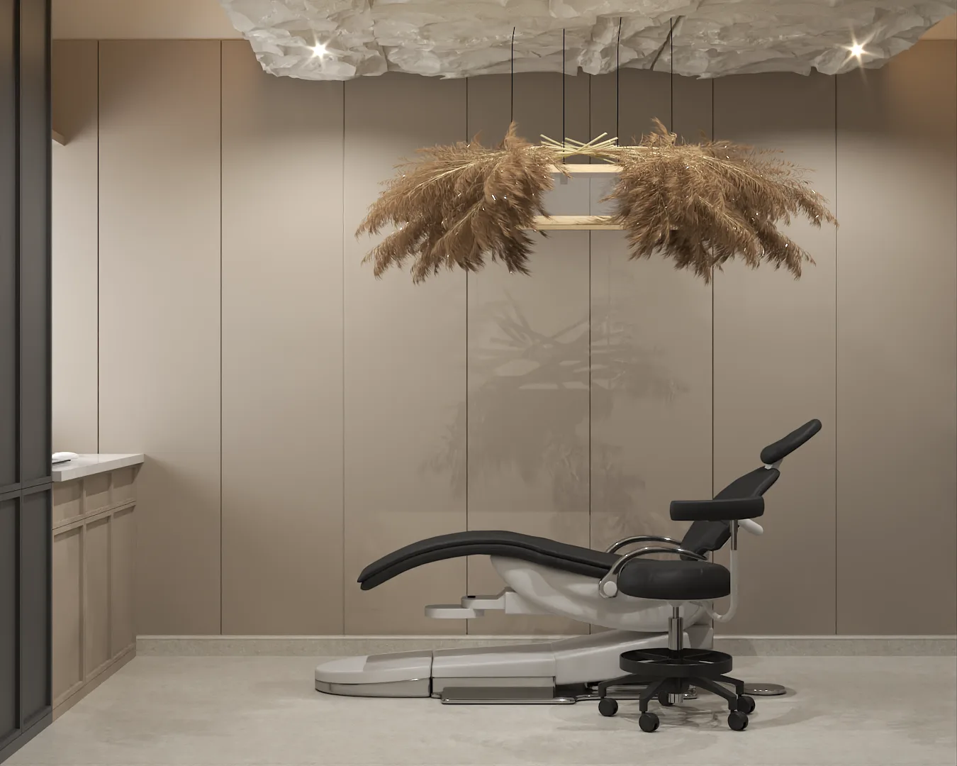 Aesthetic treatment chair with pampas pendant, cloud ceiling, and taupe panels