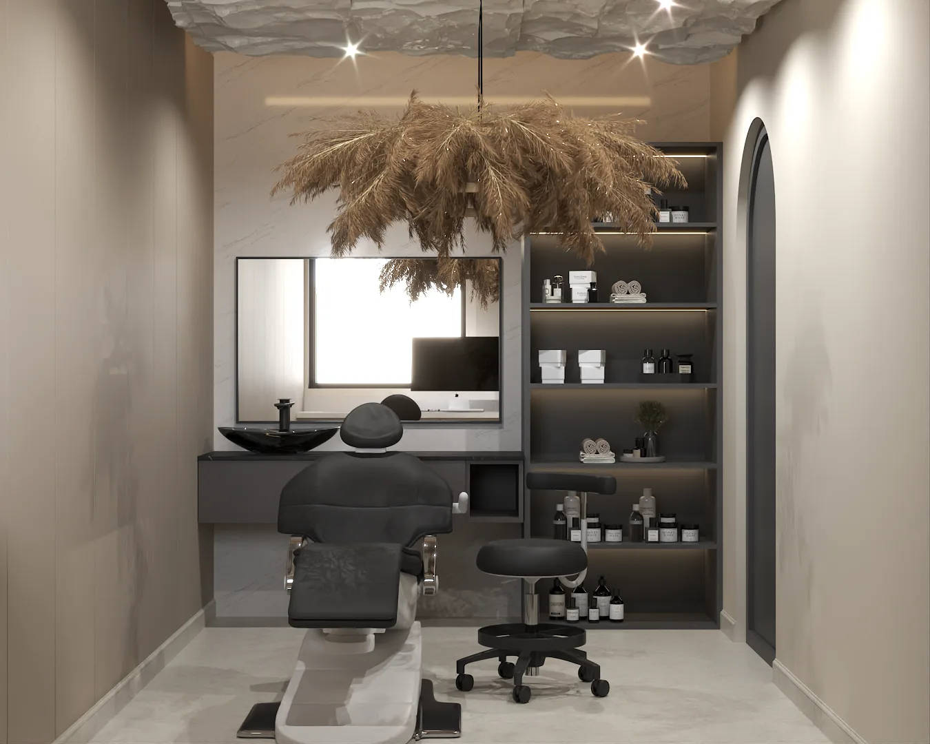 Aesthetic room with treatment chair, product shelves, arched doorway, and cloud ceiling