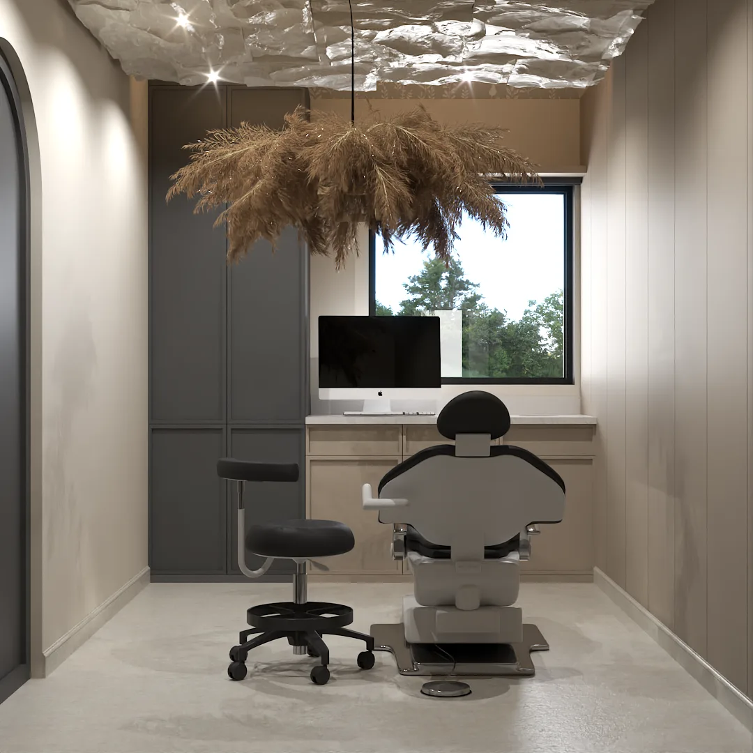Aesthetic room with treatment chair, pampas pendant, gray cabinets, and window