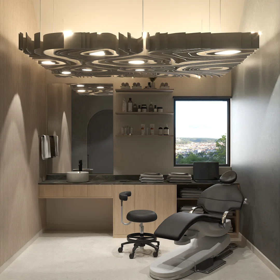 Aesthetic room with sculptural ceiling fixture, treatment chair, and product shelves