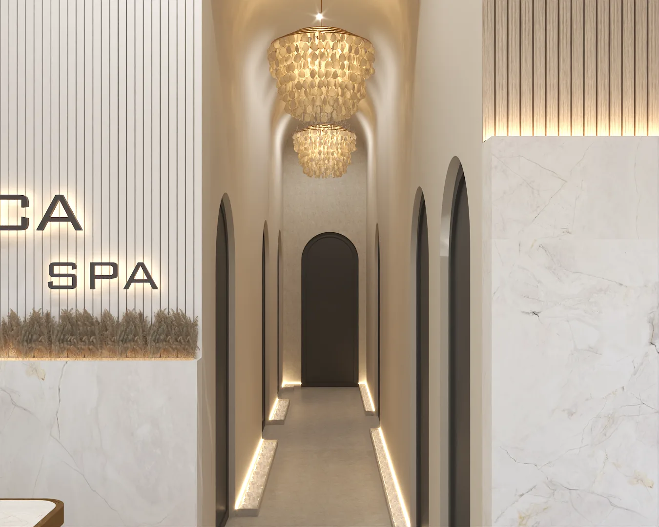 Arched corridor with crystal chandeliers, marble wall, and ambient floor lighting