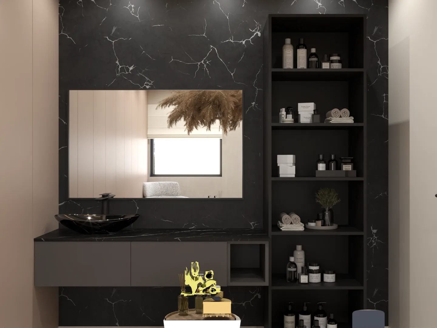 Black marble vanity station with pampas grass, product shelving, and mirror