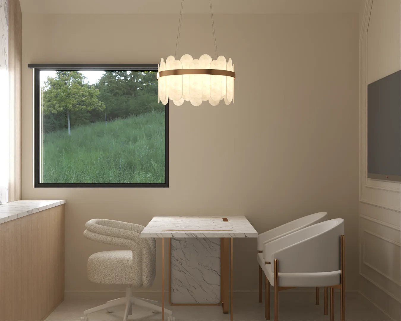 Consultation room with marble desk, alabaster pendant, and garden window view