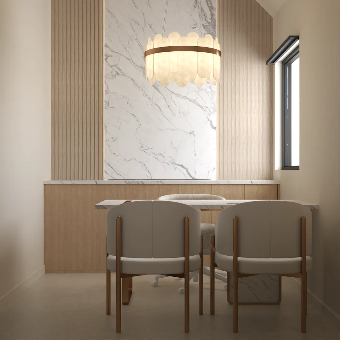 Consultation room with marble accent wall, oak slat panels, and pendant light