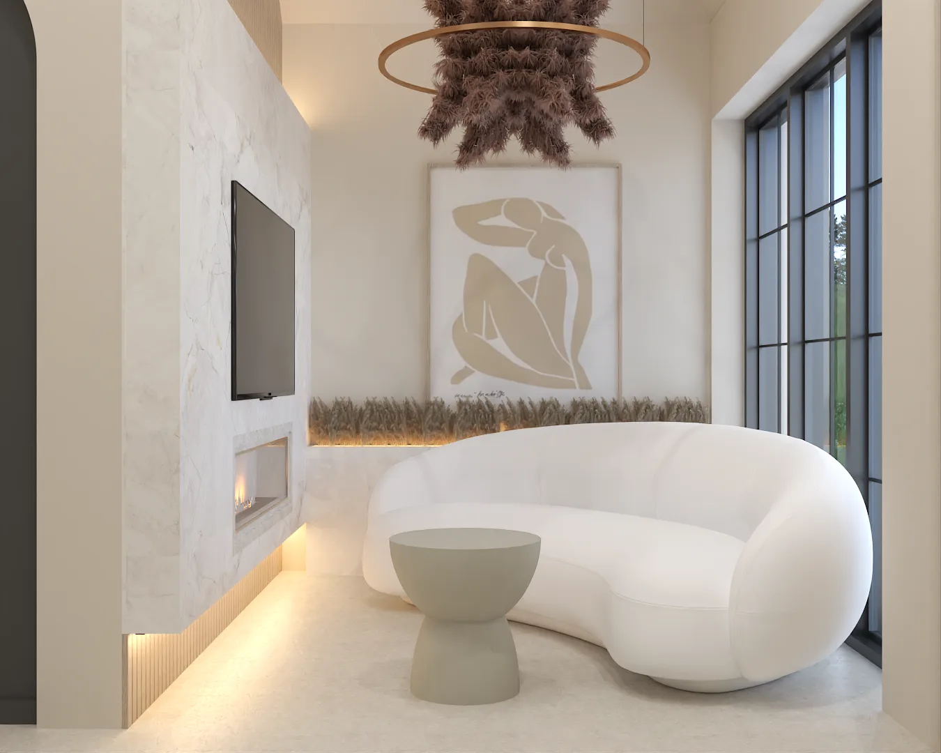 Waiting lounge with curved cream boucle sofa, marble fireplace, and Matisse art