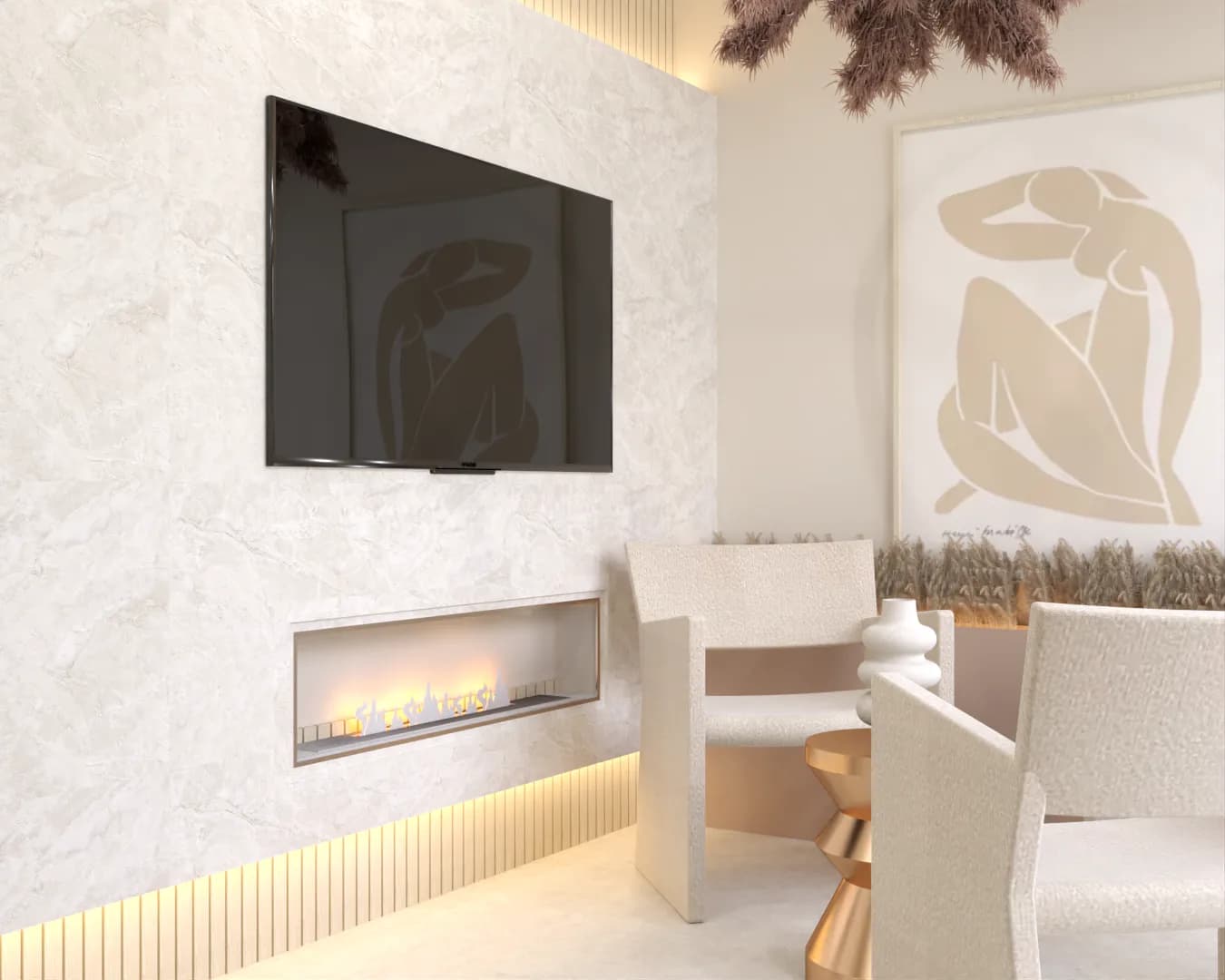 Marble fireplace wall with TV, linear flame, and brass slatted base lighting