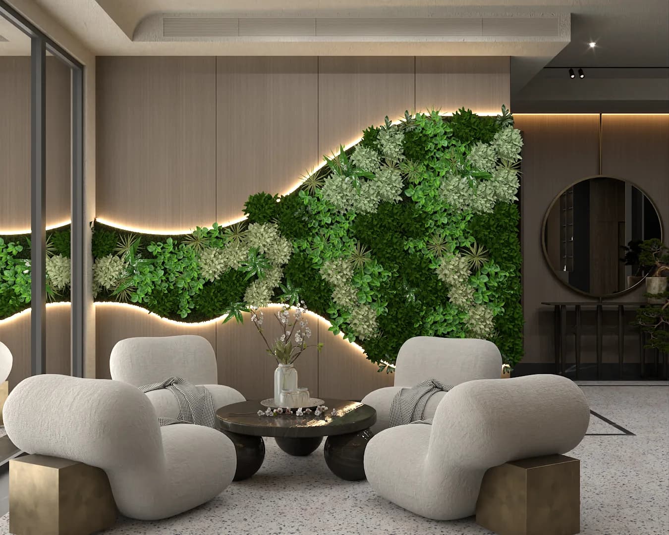 Waiting lounge with organic living green wall, white boucle armchairs on brass bases, terrazzo floor