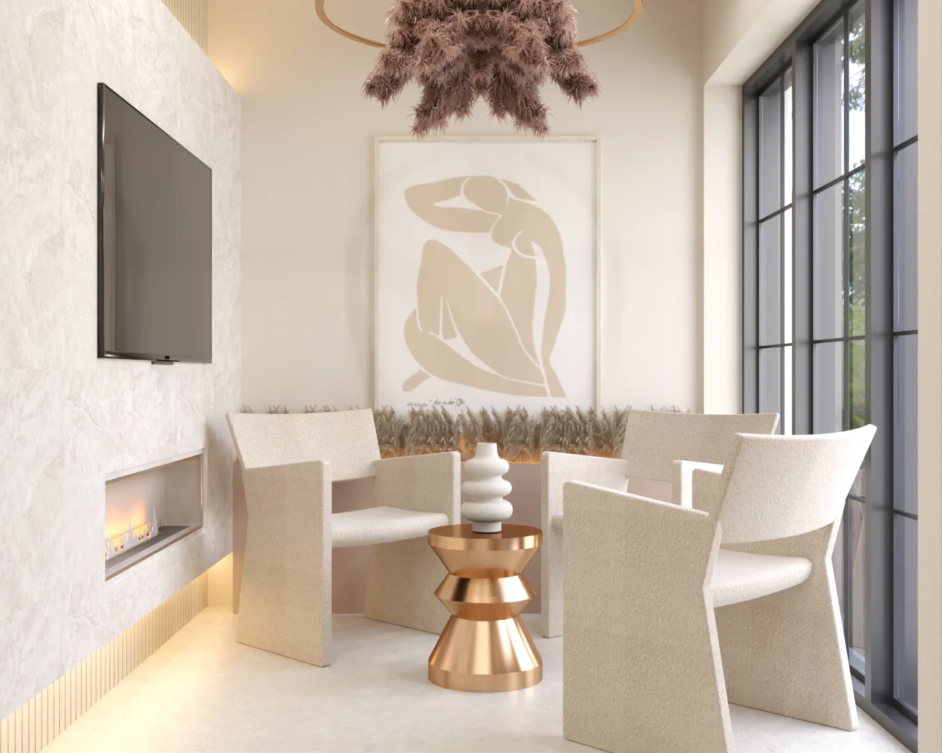 Lounge with boucle chairs, Matisse poster, copper side table, and marble fireplace