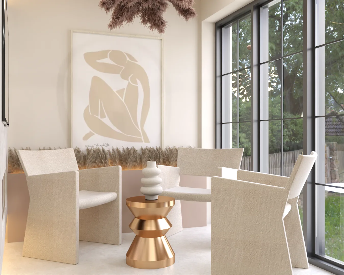 Wide lounge view with Matisse art, pampas chandelier, and black steel windows