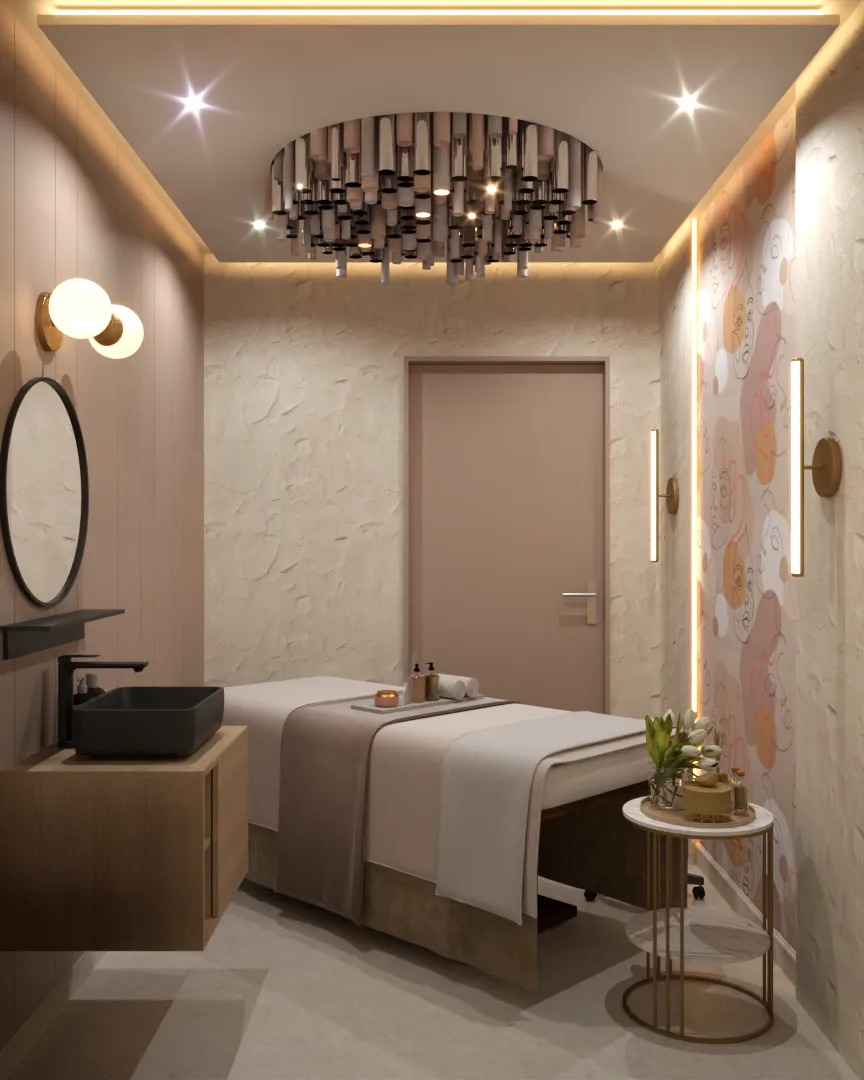 Massage room with dark metal chandelier, floral wallpaper, and oak vanity