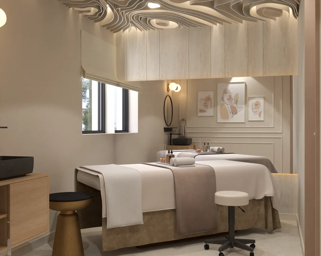 Massage room with sculptural ceiling art, oak vanity, and botanical prints on wall