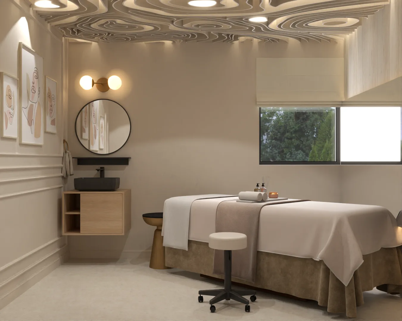 Massage room with organic sculptural ceiling, garden window, and vanity station