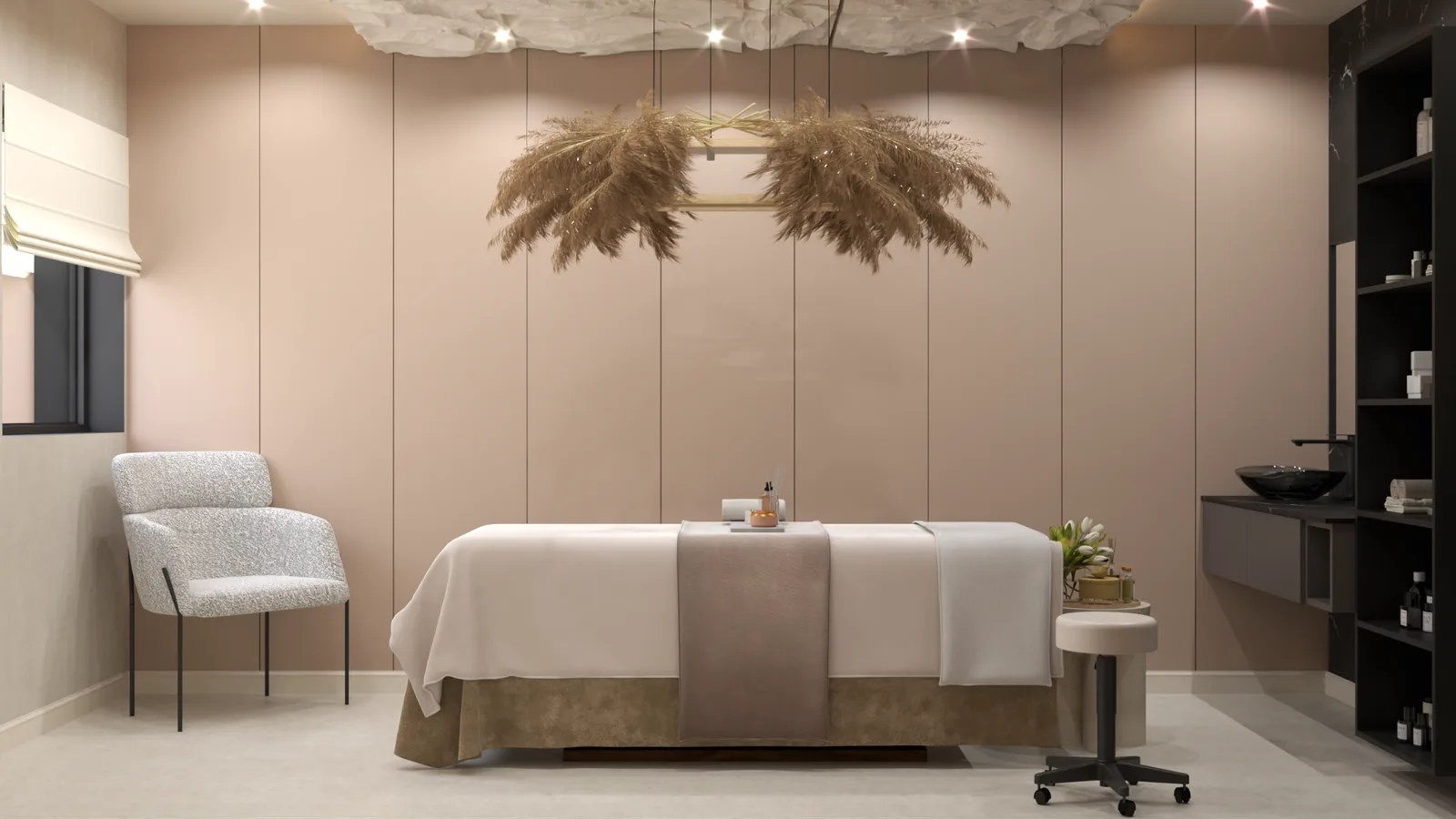 Massage room with pampas pendant, blush panels, boucle chair, and cloud ceiling
