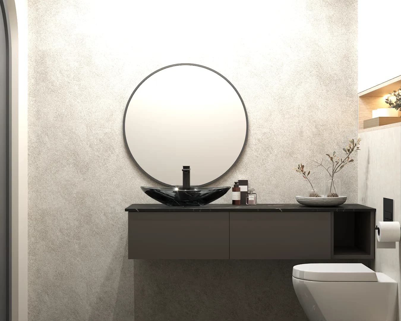 Powder room with round mirror, black vessel sink, and textured plaster walls