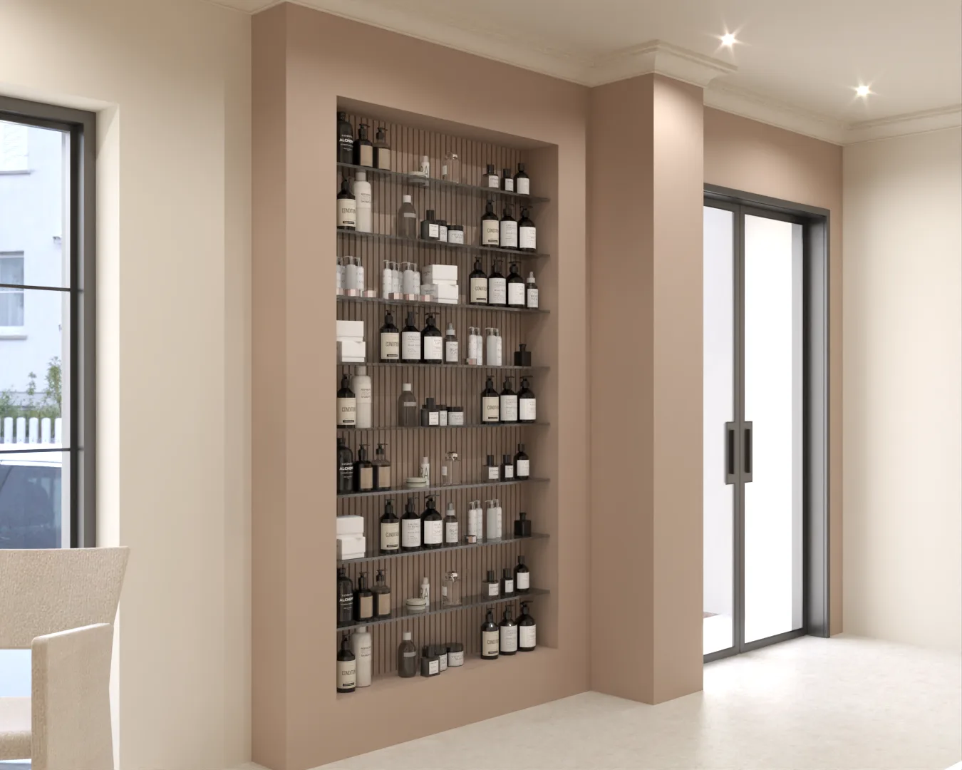 Product display wall with built-in shelving, blush column surround, and glass door