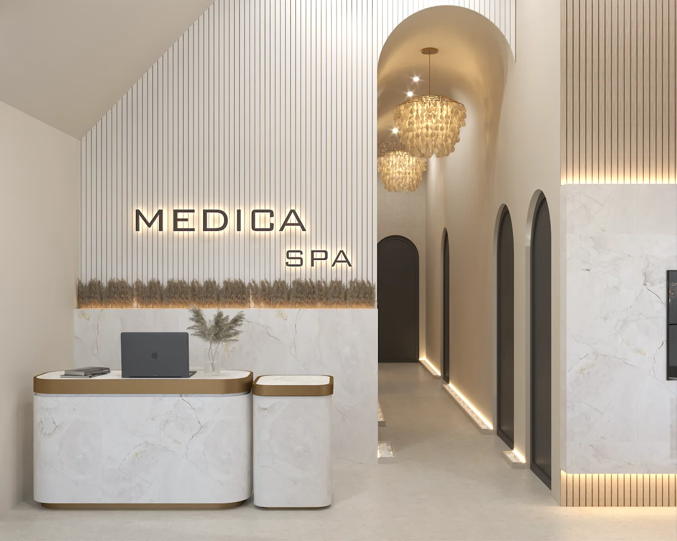 Spa reception with arched corridor, crystal chandeliers, marble wall, and gold signage