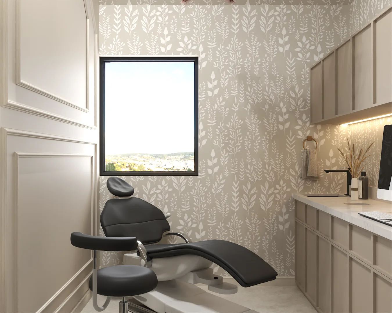 Side view of botanical wallpaper treatment room with window and panel molding