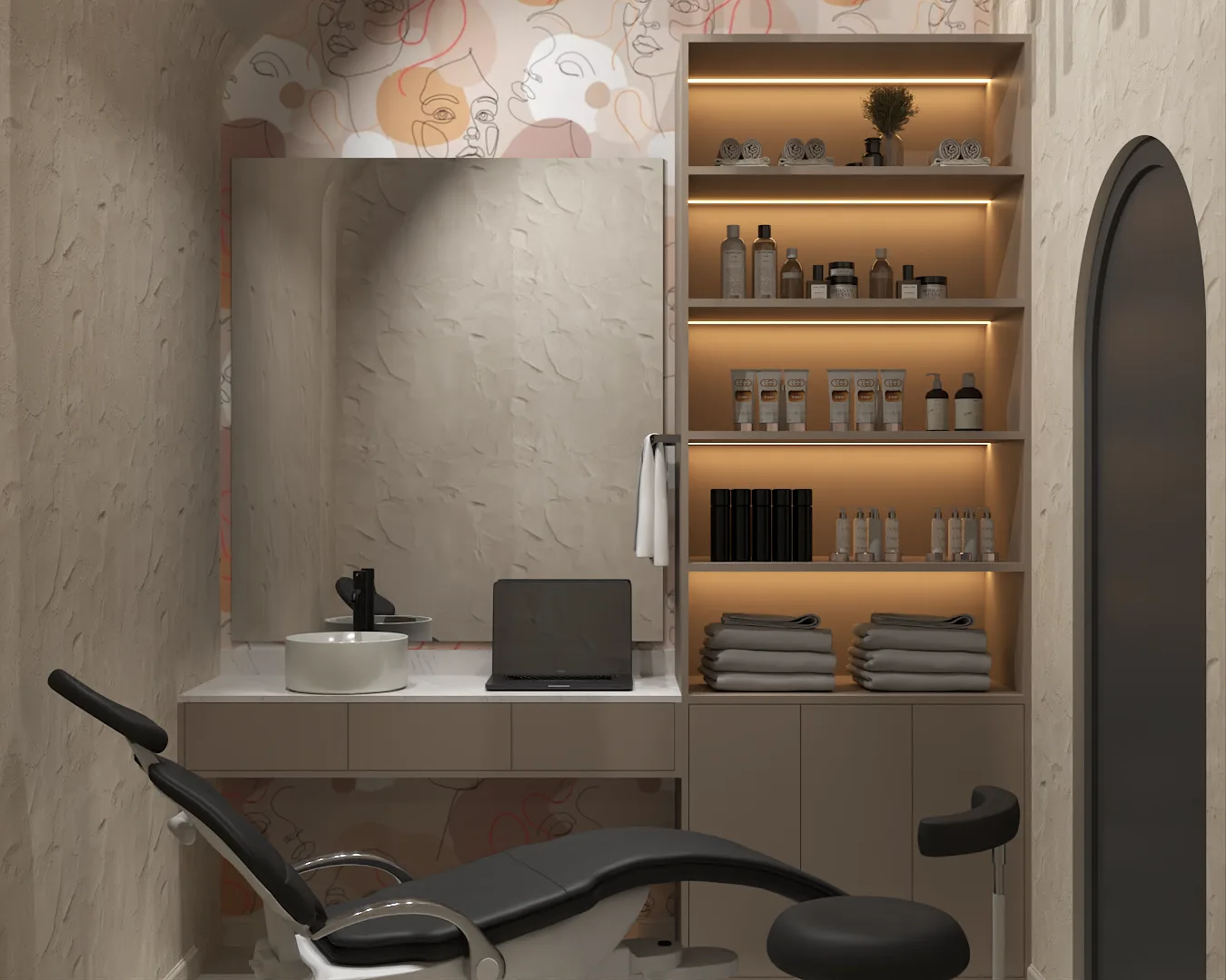 Treatment room with abstract face art wallpaper, vessel sink, and product shelves