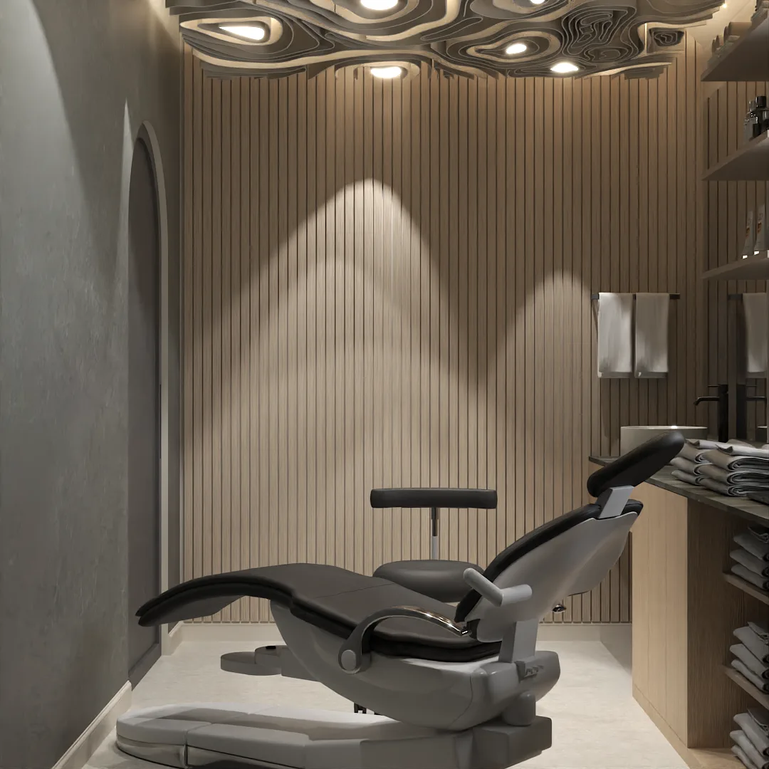 Treatment room with oak slat wall, sculptural ceiling, and arched doorway