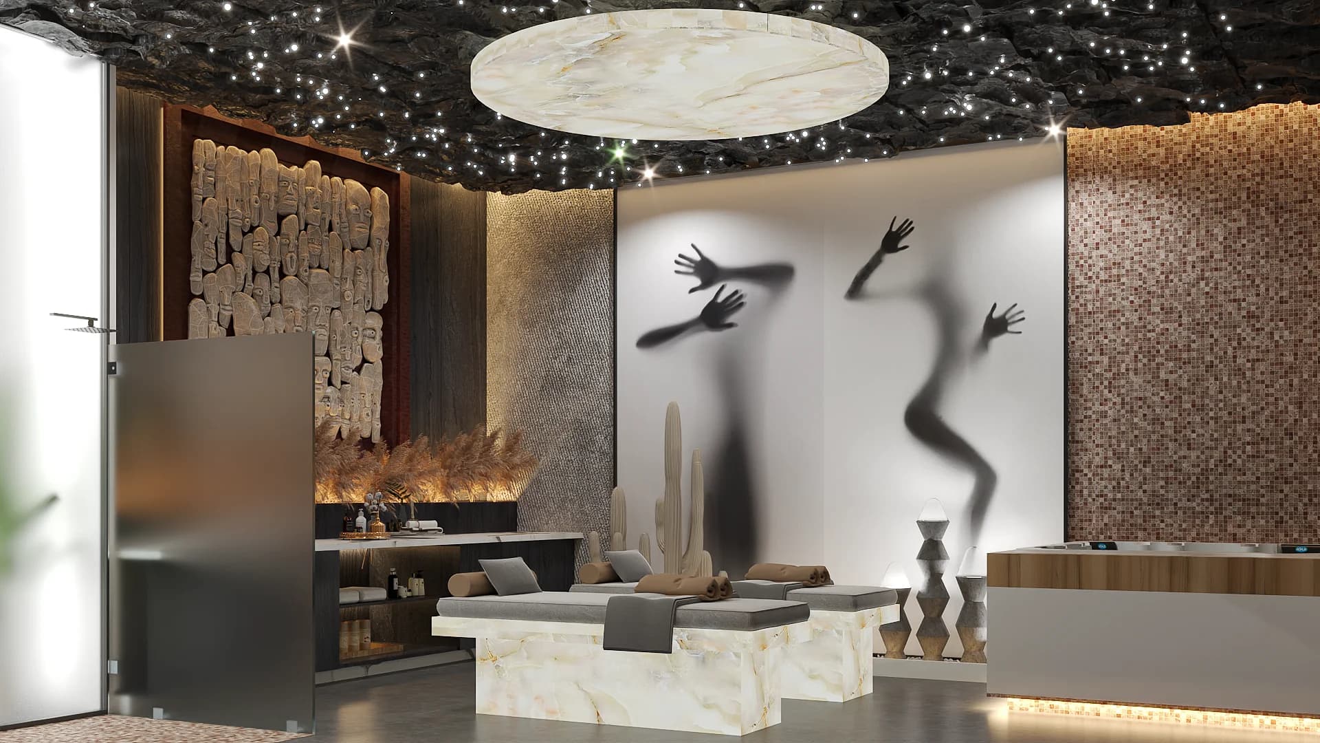 Dual marble treatment tables under star ceiling with shadow art wall and mosaic tile accents