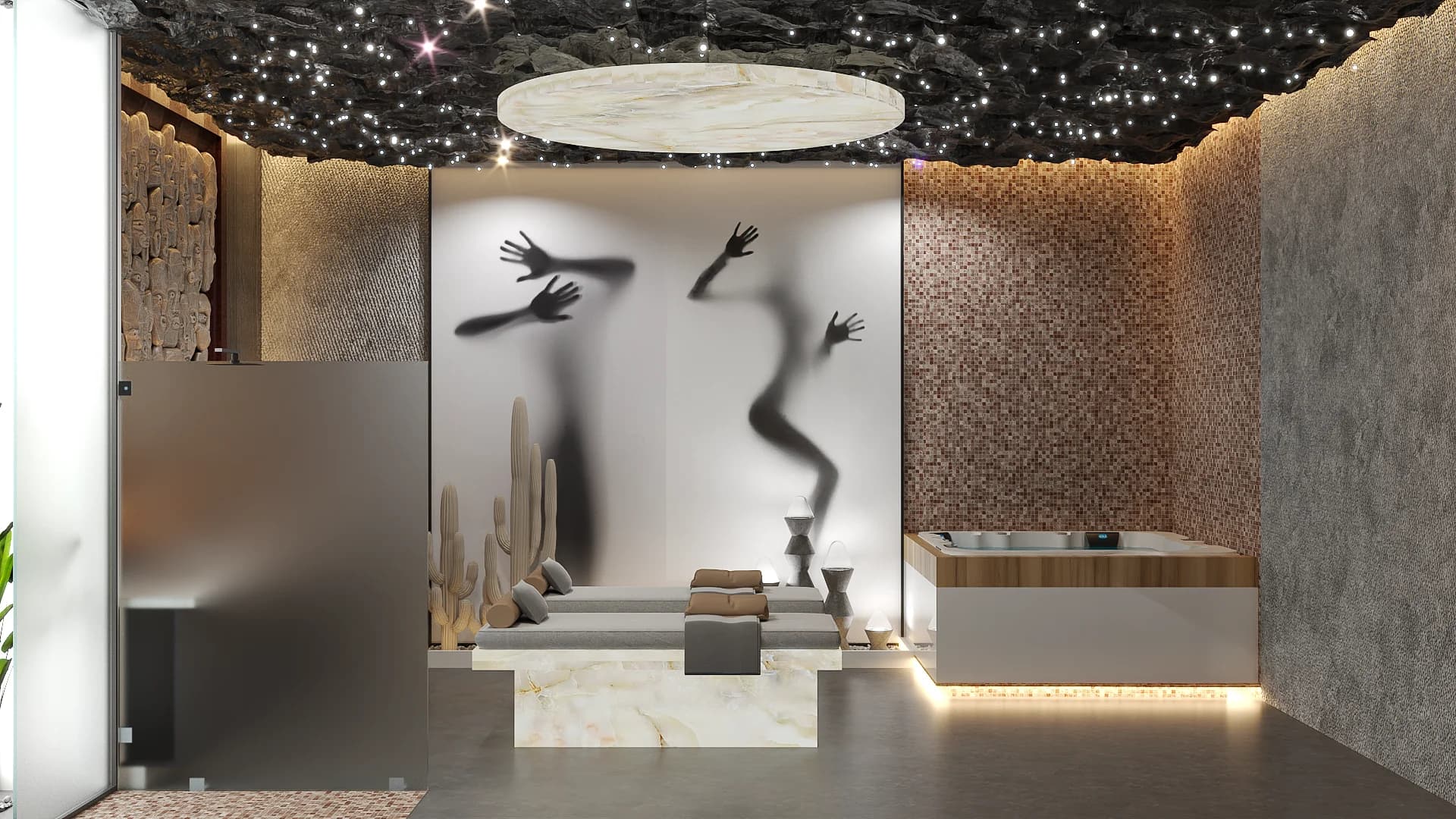 Spa room with star-light ceiling, shadow wall art, mosaic tile walls, and built-in jacuzzi